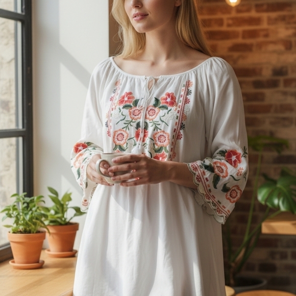 Chic Connection Dresses & Skirts - Chic Connection White Embroidered Floral Tunic Dress Bohemian Peasant Beachy M